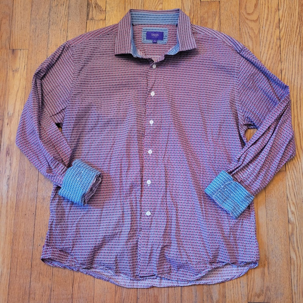Tallia XL Dress Shirt Red Blue Geometric Diamond Paisley Contrast Trim Preppy‎